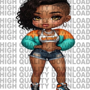 Black Girl Cute Clip Art, Betty png, Female Cartoon,  Girl, Girl Boss, sublimation, digital download, png, Chibi fur, White, Pink and blue