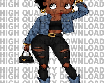 May include: A cartoon illustration of a Black woman wearing a denim jacket, black jeans, a cowboy hat, and cowboy boots. She is holding a small black purse.
