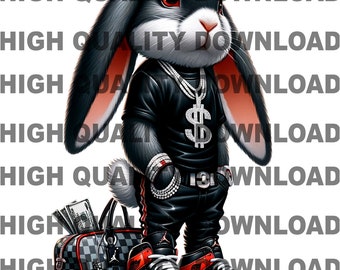 Hip Hop Rabbit PNG, Graffiti Bunny with Cash (Digital Download)