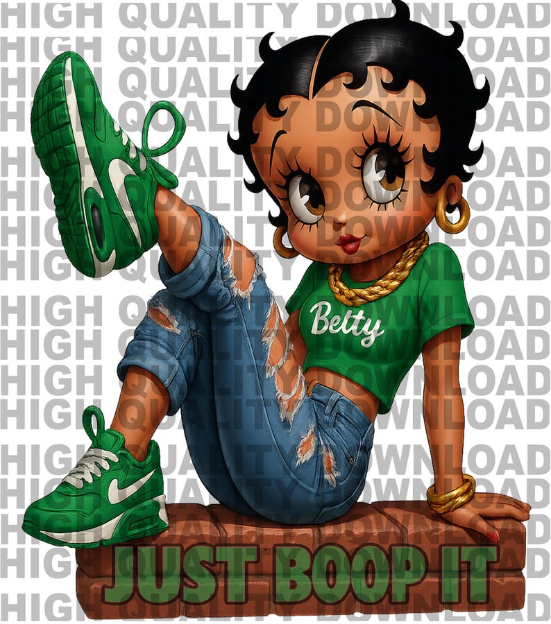 May include: Illustration of a cartoon character wearing green sneakers, a green crop top with "Betty" on it, and ripped blue jeans. The character is sitting on a brick wall with the text "JUST BOOP IT".