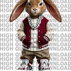 May include: A brown rabbit wearing a red and white varsity jacket, a gold chain, and red and white sneakers. The rabbit is standing on a white background.