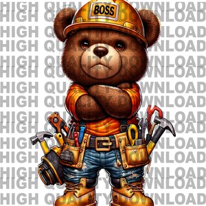 May include: A brown teddy bear wearing a yellow hard hat with the word "BOSS" on it. The bear is wearing a blue and orange construction worker outfit with a tool belt and tools. The bear has its arms crossed and is looking straight ahead.