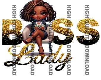 Könnte beinhalten: Eine Cartoon-Illustration einer schwarzen Frau, die auf einem Stuhl sitzt und einen Stapel Geld in ihren Händen hält. Der Text "Boss Lady" ist in schwarzen Buchstaben mit goldenem Glitzer hinter den Buchstaben geschrieben.