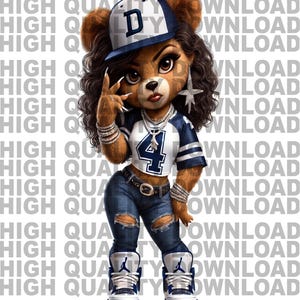 May include: A cartoon bear wearing a blue and white jersey with the number "4" on it, a blue baseball cap with a white "D" on it, blue jeans, and white and blue sneakers. The bear has brown fur, black eyes, and a black nose.