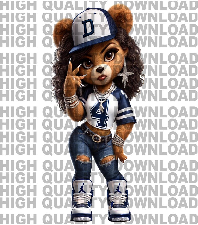 May include: A cartoon bear wearing a blue and white jersey with the number "4" on it, a blue baseball cap with a white "D" on it, blue jeans, and white and blue sneakers. The bear has brown fur, black eyes, and a black nose.