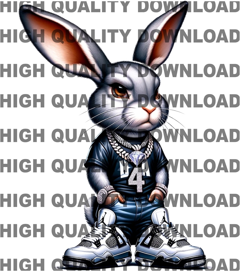 May include: A cartoon rabbit wearing a black shirt with a large diamond pendant, blue jeans, and white sneakers. The rabbit has a serious expression and is holding its hands in its pockets.