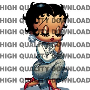 May include: A cartoon illustration of a woman with black hair, wearing a white shirt, gray pants, and red shoes. She is kneeling with her hands clasped in prayer. The woman is covered in sparkling rhinestones.