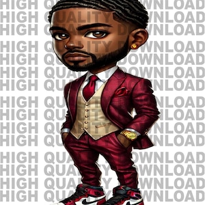 Puede incluir: Una ilustración de dibujos animados de un hombre con un traje rojo, un chaleco blanco, una corbata roja y zapatillas rojas y blancas. Tiene una barba corta y bien recortada y un pendiente de oro en la oreja derecha.
