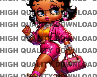 Op de afbeelding: Een cartoonillustratie van een vrouw met zwart haar, die een roze jas, roze shorts en roze laarzen draagt. Ze draagt een roze handtas met een diamantenpatroon. Ze draagt een gouden ketting en armbanden.