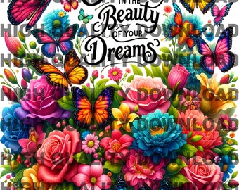 Watercolor Flowers & Butterflies PNG - Positive Quote (Digital Download)