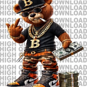 Graffiti Hip Hop Teddybär, der Geld hält, Cartoon Teddybär, Bargeld, Sublimation, digitaler Download, T-Shirts png