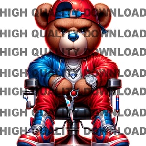 Kapper hiphop teddybeer, cartoon teddybeer, gescheurde teddypatches, sublimatie, digitale download, rood, blauw, straatkleding dtf, png
