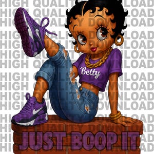 May include: A cartoon illustration of Betty Boop in a purple crop top with "Betty" printed on it, ripped blue jeans, and purple sneakers. She is sitting on a brick wall with the text "JUST BOOP IT". Gold jewelry completes the look.