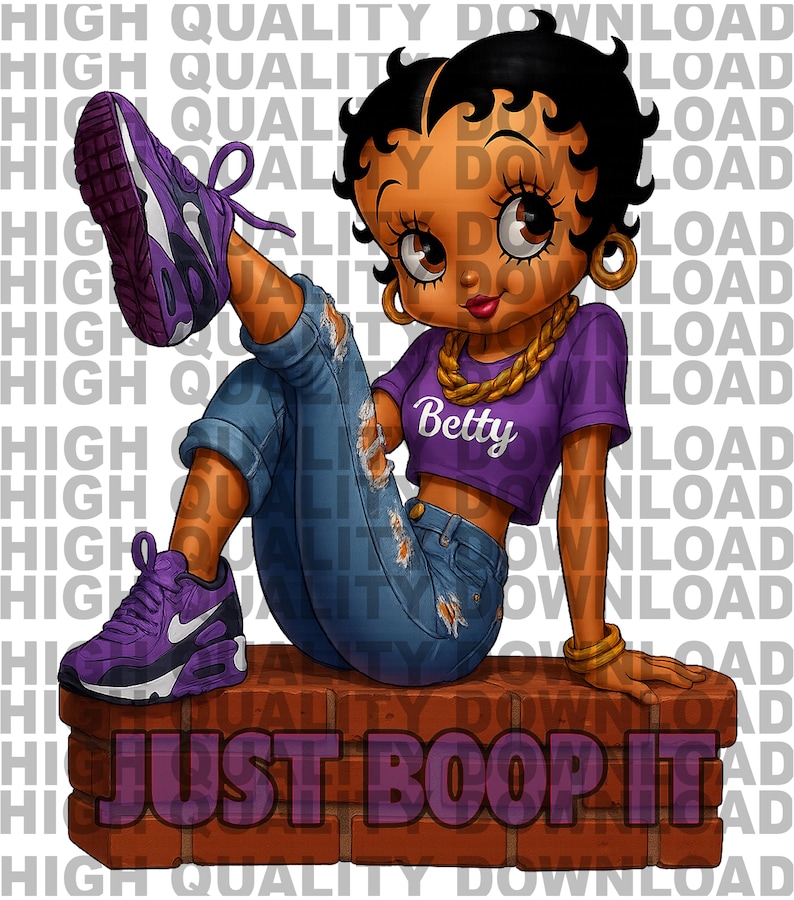 May include: A cartoon illustration of Betty Boop in a purple crop top with "Betty" printed on it, ripped blue jeans, and purple sneakers. She is sitting on a brick wall with the text "JUST BOOP IT". Gold jewelry completes the look.
