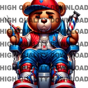 Kapper hiphop-teddybeer, cartoonteddybeer, gescheurde teddy-patches, sublimatie, digitale download, rood, blauw, Streetwear, dtf, png