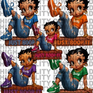 May include: Digital art featuring four images of Betty Boop in distressed jeans and sneakers, each wearing a different colored crop top. The text "JUST BOOP IT" is below each image. The background is a brick wall.
