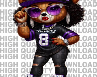 May include: A cartoon bear wearing a black and purple jersey with the word "Baltimore" and the number "8" on it. The bear is also wearing a purple baseball cap with the word "Baltimore" on it, purple sunglasses, and a gold chain necklace. The bear is standing with one hand on its hip and the other hand holding a purple and white sneaker.
