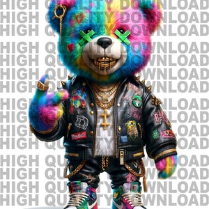 Colorful Hip-Hop Teddy Bear Digital Download - PNG File - Streetwear Style with Graffiti Jacket, Gold Chains, and Sneakers