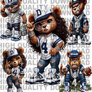 May include: Four cartoon teddy bears wearing Dallas Cowboys jerseys and hats. The bears are wearing blue jeans, sneakers, and gold chains. One bear is holding a football. The bears are sitting on a pile of money.