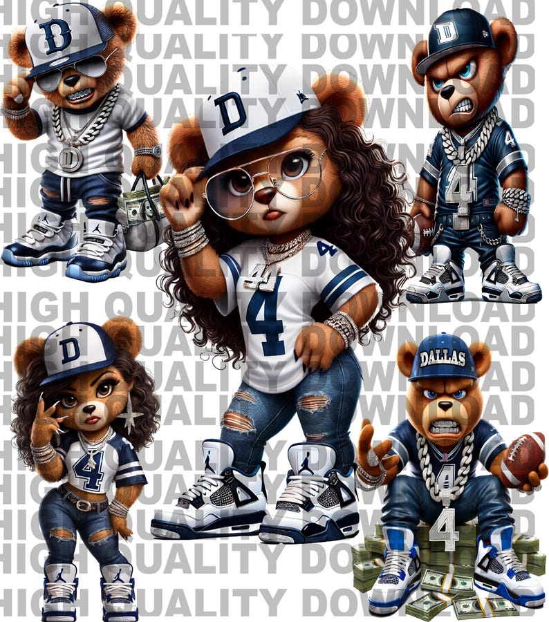 May include: Four cartoon teddy bears wearing Dallas Cowboys jerseys and hats. The bears are wearing blue jeans, sneakers, and gold chains. One bear is holding a football. The bears are sitting on a pile of money.