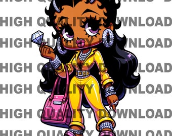 Op de afbeelding: Een cartoonillustratie van een vrouw met lang zwart haar die een gele jumpsuit, een diamanten ketting en een roze handtas draagt. Ze houdt een grote diamant in haar rechterhand en draagt roze en witte plateauschoenen.