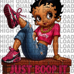 May include: A cartoon illustration of Betty Boop in a pink crop top with "Betty" printed on it, ripped blue jeans, and pink sneakers. She is sitting on a brick wall with the text "JUST BOOP IT" in pink.