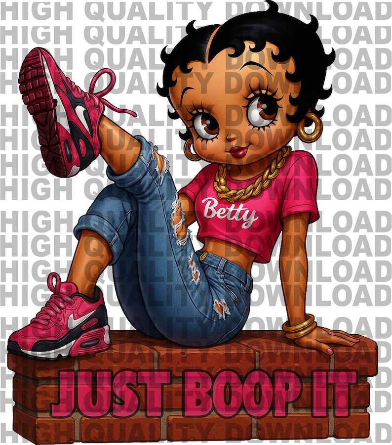 May include: A cartoon illustration of Betty Boop in a pink crop top with "Betty" printed on it, ripped blue jeans, and pink sneakers. She is sitting on a brick wall with the text "JUST BOOP IT" in pink.