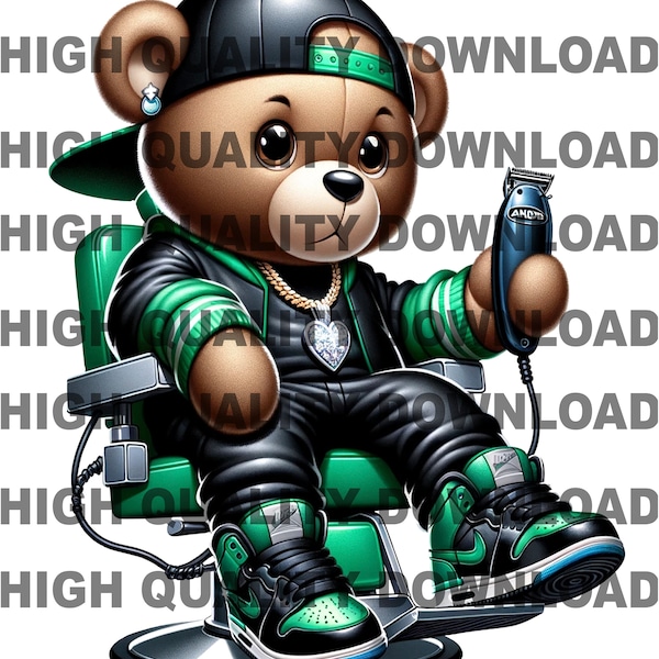 Barber Hip Hop Teddy Bear, Cartoon Teddy Bear, Torn teddy patches, sublimation, digital download, red, blue, Street wear dtf, png