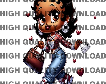 Op de afbeelding: Een cartoonillustratie van een vrouw met een bruine huid, die een rood-zwart geruit overhemd, een blauwe spijkerbroek en rood-witte sneakers draagt. Ze draagt een bruine handtas en een klein zilveren portemonnee. Ze heeft grote bruine ogen, lang zwart haar en draagt parel oorringen en een parelketting.