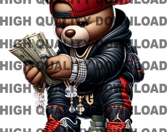 Graffiti Hip Hop Teddy Bear holding money, Cartoon Teddy Bear, Cash, sublimation, digital download, t-shirts png