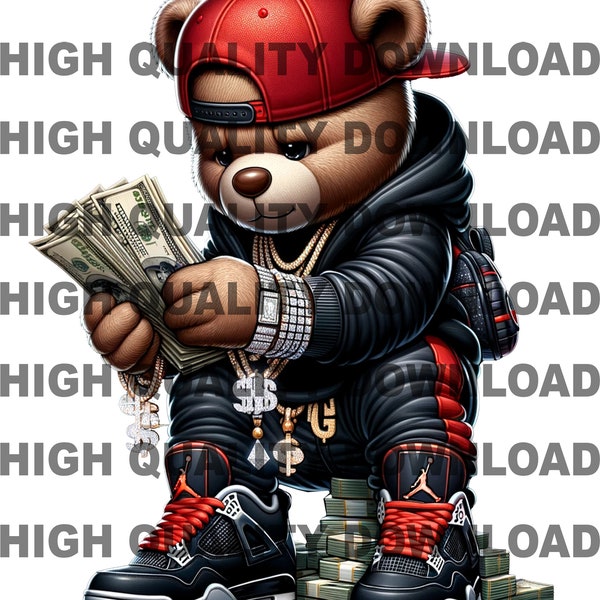 Graffiti Hip Hop Teddy Bear holding money, Cartoon Teddy Bear, Cash, sublimation, digital download, t-shirts png