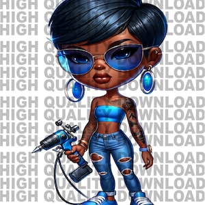 Tattoo Hip Hop Chibi Female, Cartoon female tattoo artist, Torn teddy patches, sublimation, digital download, blue, Street wear dtf, png