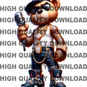 Ours en peluche hip hop, ours du rap. Ours en peluche dessin animé, producteur de musique, rap, sublimation, téléchargement numérique, carte son, t-shirts png thumbnail