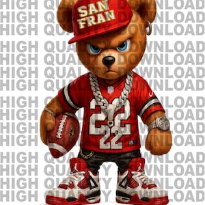 San Francisco Football Bear PNG – No Background – Golden Gate Bridge, Gold Nuggets, Pickaxes – Gold Miner Digital Download