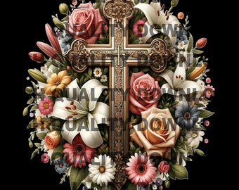 Aquarel bloemenkruis PNG – christelijke religieuze sublimatie (directe download)