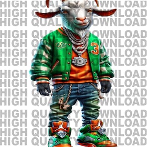 May include: A cartoon goat wearing a green and orange jacket with a gold chain necklace and a large diamond ring. The goat is wearing blue jeans and green and orange sneakers with diamond accents.