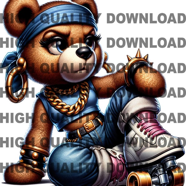 Female Hip Hop Teddy Bear, Roller Skates png, 80s Bear PNG, sublimation, digital download, t-shirts png
