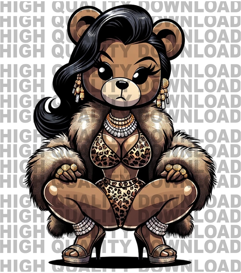 May include: A brown teddy bear with black hair and a fur coat is wearing a leopard print bikini and gold jewelry. The bear is sitting with its legs crossed and has a serious expression on its face.