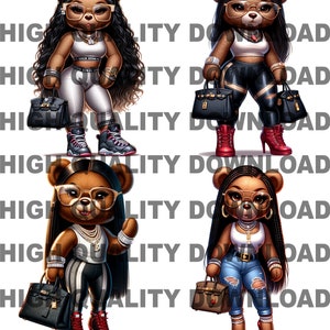 May include: Four digital illustrations of brown teddy bears wearing different outfits and holding purses. The bears are wearing glasses and have long black hair. The bears are standing on a white background.