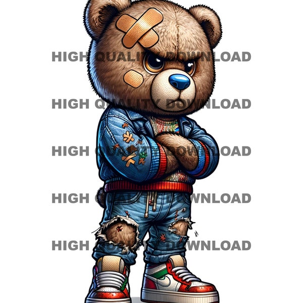 Graffiti Hip Hop Teddy Bear, Cartoon Teddy Bear, Torn teddy patches sublimation, digital download, Perfect for t-shirts and more png, jpeg