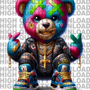 Colorful Hip-Hop Teddy Bear Digital Download - PNG File - Streetwear Style with Graffiti Jacket, Gold Chains, and Sneakers