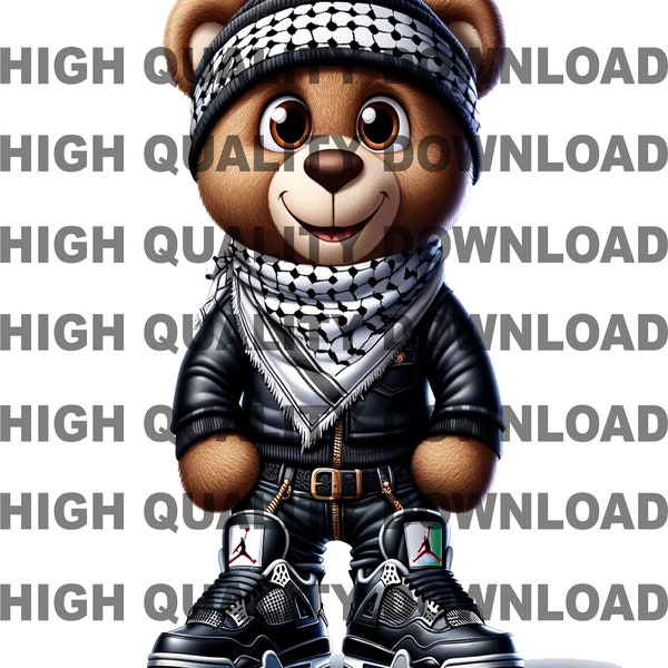 Hip Hop Teddy Bear png, Cartoon Teddy Bear, Palestinian Keffiyeh scarf, sublimation, digital download, png