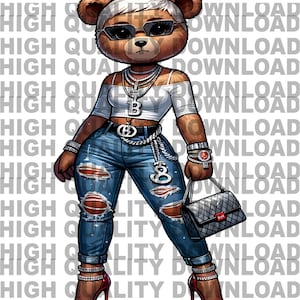 Op de afbeelding: Een bruine teddybeer die een zonnebril, een wit topje, een blauwe jeans met scheuren en een zwarte handtas draagt. De beer draagt een gouden ketting met een hanger waarop "BABY" staat en een gouden riem met een grote "B" gesp. De beer draagt ook verschillende gouden armbanden en ringen.