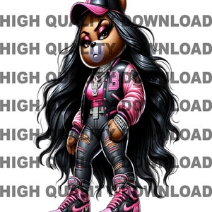 May include: A cartoon illustration of a bear wearing a pink and black jacket, a black baseball cap with a pink brim, black pants, and pink and black sneakers. The bear has long black hair and is wearing a large gold chain necklace.