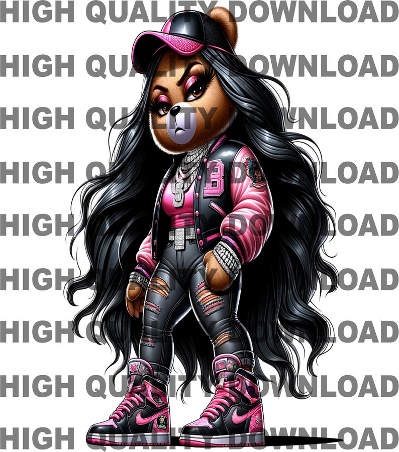 Pink Rapper Bear Hip Hop Teddy Bear PNG, Cartoon Girl, Pink Letterman Jacket (digital ...