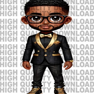 Puede incluir: Una ilustración de dibujos animados de una persona que lleva un traje negro con detalles dorados, una pajarita dorada y gafas de montura dorada. La persona tiene el pelo negro corto y rizado y barba.