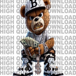 Graffiti Hip Hop Teddybär, der Geld hält, Cartoon Teddybär, Bargeld, Sublimation, digitaler Download, T-Shirts png, jpeg