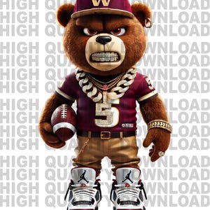 May include: A brown teddy bear wearing a maroon and gold football jersey with the number "5" on the front. The bear is also wearing a gold chain, a gold bracelet, a maroon baseball cap with a white "W" on it, and white and maroon sneakers. The bear is holding a brown and white football.