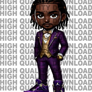 May include: A cartoon illustration of a man wearing a purple suit with a gold vest and a gold chain. He is wearing purple and gold sneakers.