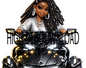 May include: Digital illustration of a cartoon character with long dreadlocks, wearing jewelry, and a white top, riding a black three-wheeled motorcycle. The text "HIGH QUALITY DOWNLOAD" is visible on the image.